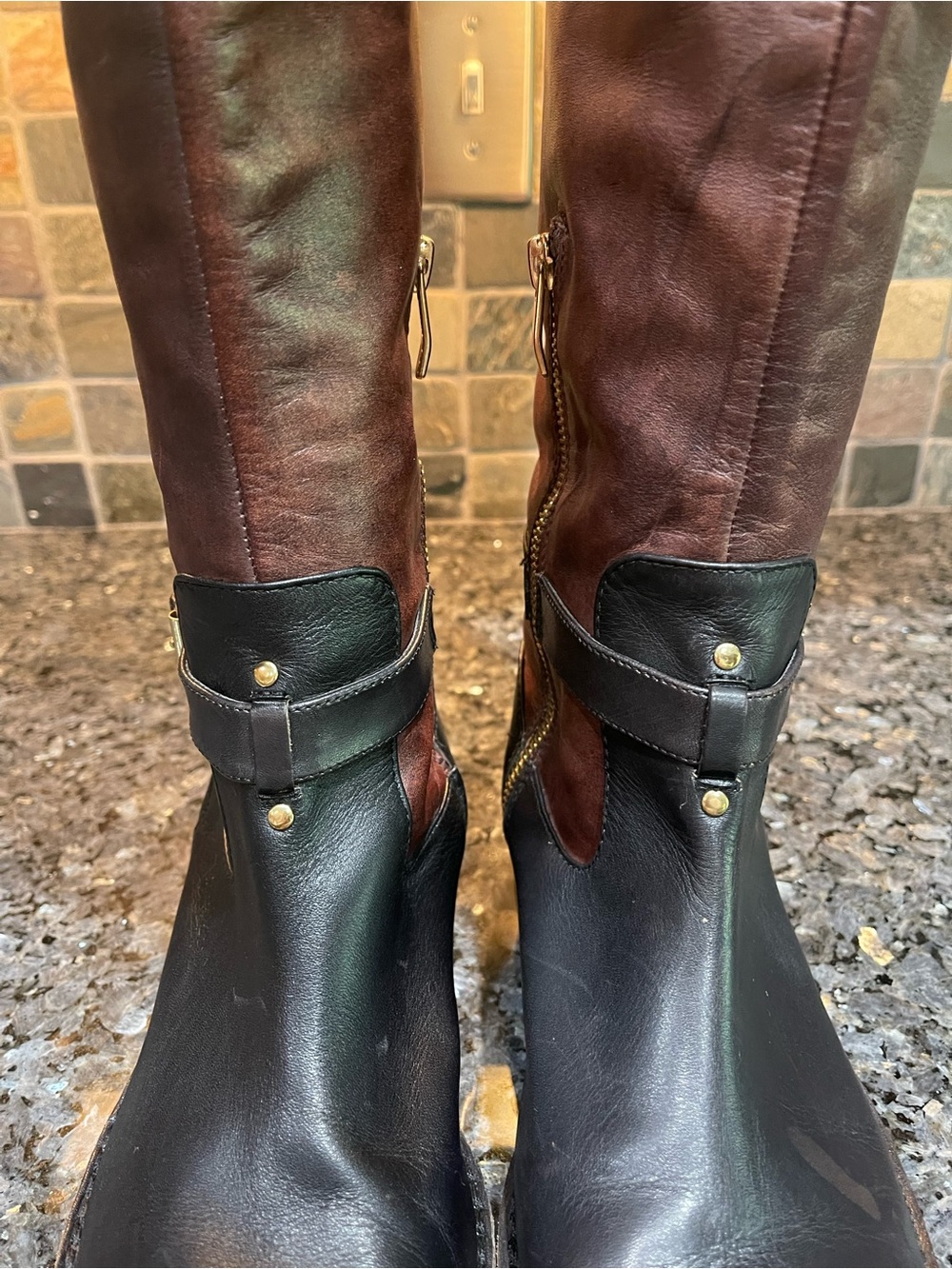 Vince Camuto Flavian Riding Boots Black and Brown Crest Two-Tone 10 - Picture 9 of 16